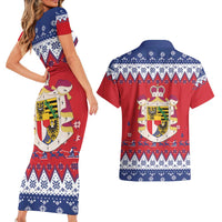 Liechtenstein Christmas Couples Matching Short Sleeve Bodycon Dress and Hawaiian Shirt Coat Of Arms Frohe Weihnachten - Wonder Print Shop