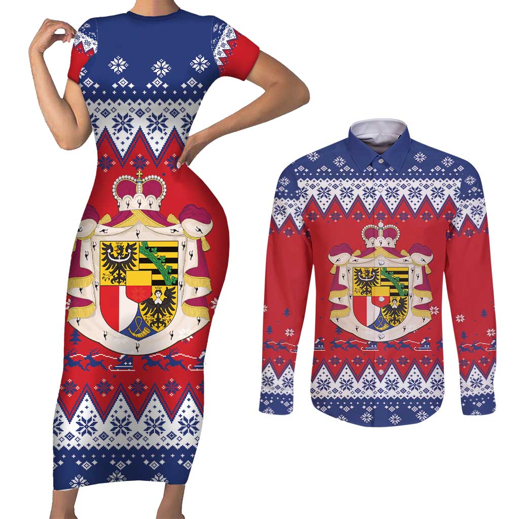 Liechtenstein Christmas Couples Matching Short Sleeve Bodycon Dress and Long Sleeve Button Shirt Coat Of Arms Frohe Weihnachten - Wonder Print Shop