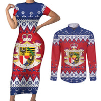 Liechtenstein Christmas Couples Matching Short Sleeve Bodycon Dress and Long Sleeve Button Shirt Coat Of Arms Frohe Weihnachten - Wonder Print Shop