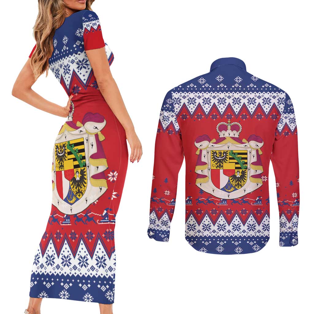 Liechtenstein Christmas Couples Matching Short Sleeve Bodycon Dress and Long Sleeve Button Shirt Coat Of Arms Frohe Weihnachten - Wonder Print Shop