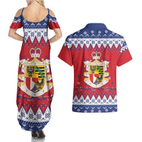 Liechtenstein Christmas Couples Matching Summer Maxi Dress and Hawaiian Shirt Coat Of Arms Frohe Weihnachten - Wonder Print Shop