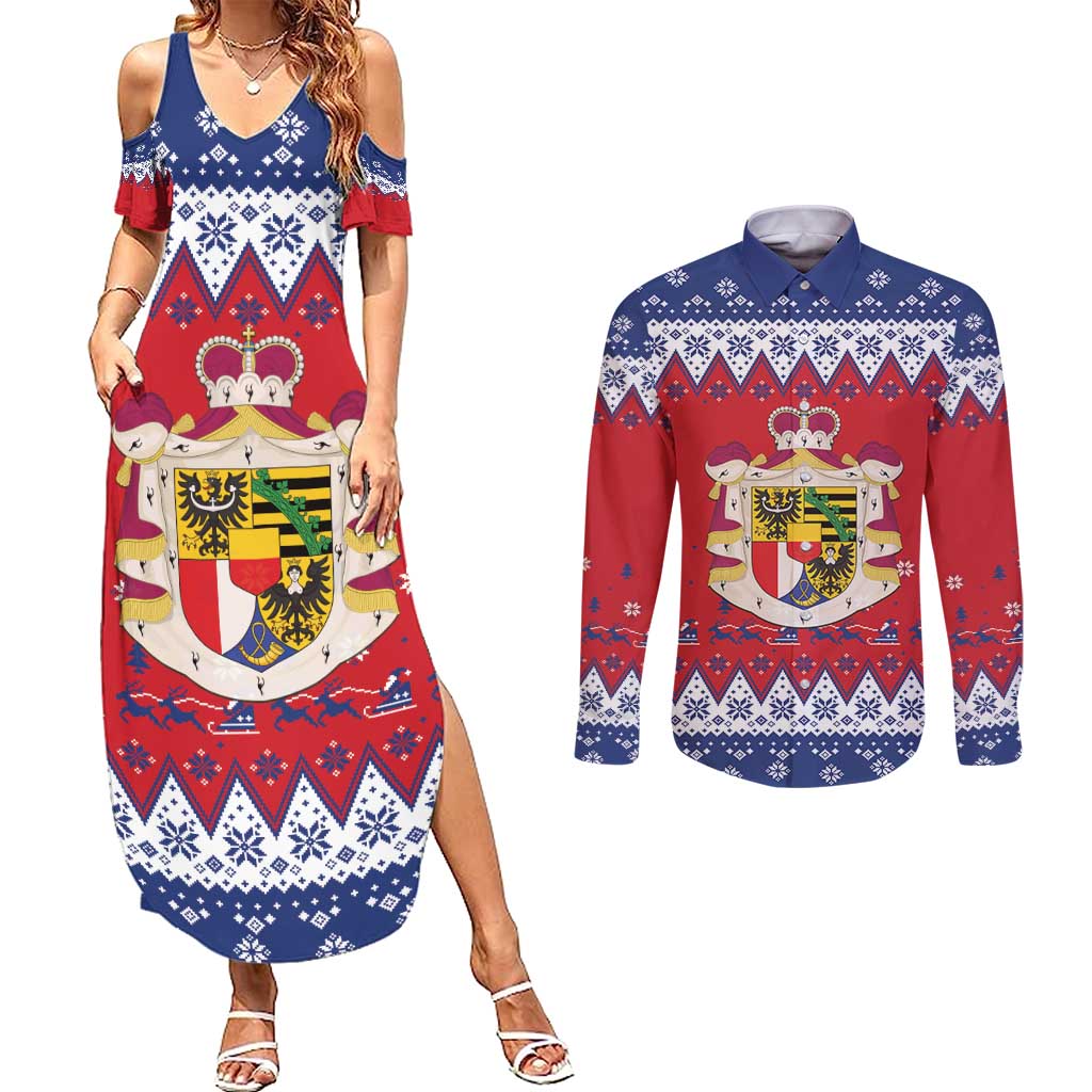 Liechtenstein Christmas Couples Matching Summer Maxi Dress and Long Sleeve Button Shirt Coat Of Arms Frohe Weihnachten - Wonder Print Shop
