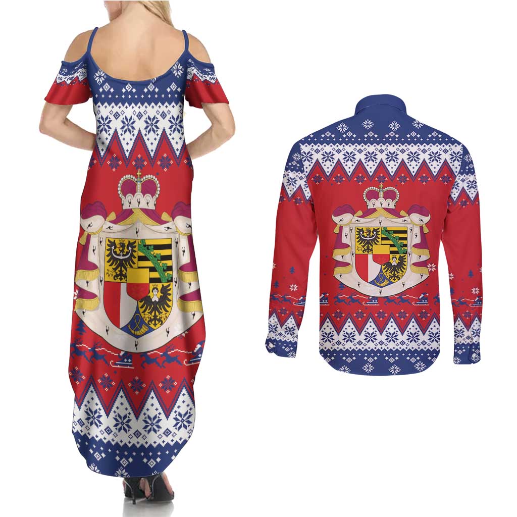 Liechtenstein Christmas Couples Matching Summer Maxi Dress and Long Sleeve Button Shirt Coat Of Arms Frohe Weihnachten - Wonder Print Shop