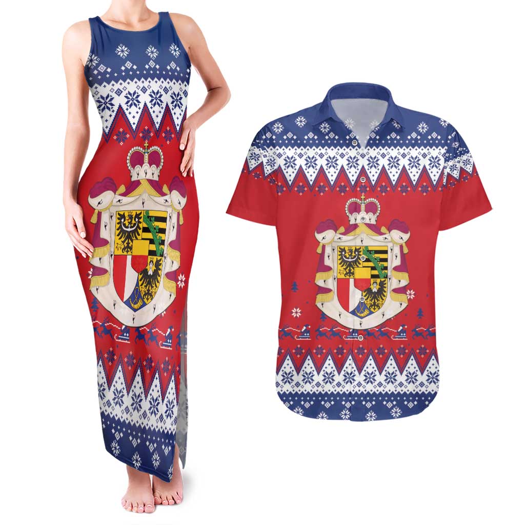 Liechtenstein Christmas Couples Matching Tank Maxi Dress and Hawaiian Shirt Coat Of Arms Frohe Weihnachten - Wonder Print Shop