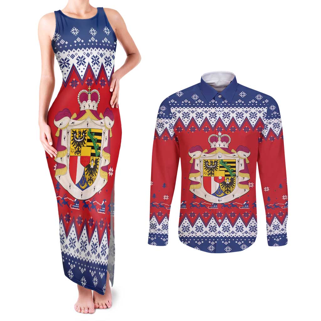 Liechtenstein Christmas Couples Matching Tank Maxi Dress and Long Sleeve Button Shirt Coat Of Arms Frohe Weihnachten - Wonder Print Shop