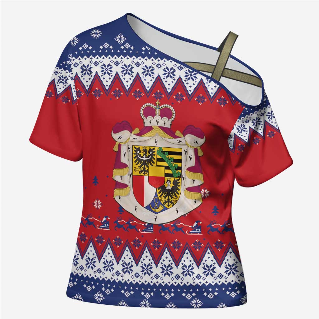 Liechtenstein Christmas Cross Shoulder Shirt Coat Of Arms Frohe Weihnachten - Wonder Print Shop