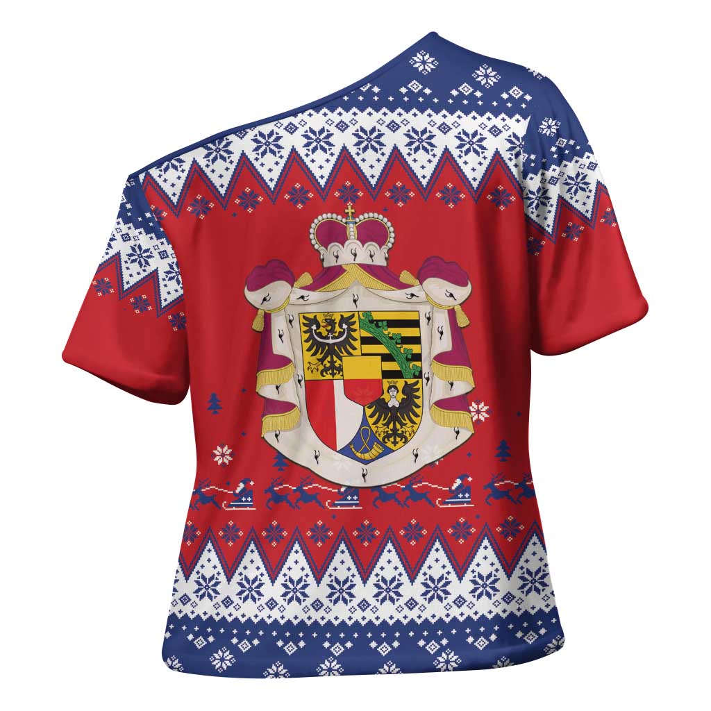 Liechtenstein Christmas Cross Shoulder Shirt Coat Of Arms Frohe Weihnachten - Wonder Print Shop