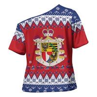 Liechtenstein Christmas Cross Shoulder Shirt Coat Of Arms Frohe Weihnachten - Wonder Print Shop