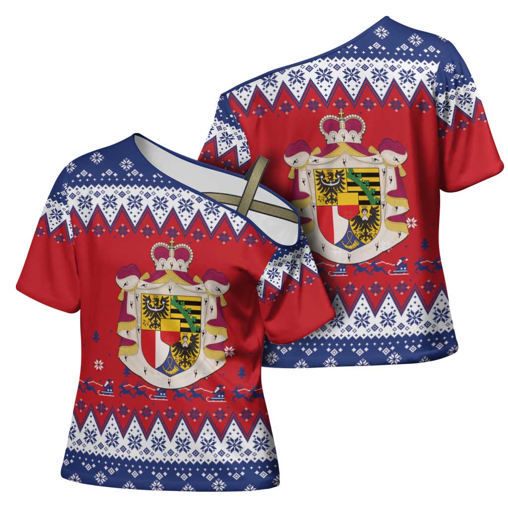 Liechtenstein Christmas Cross Shoulder Shirt Coat Of Arms Frohe Weihnachten - Wonder Print Shop