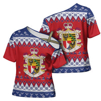 Liechtenstein Christmas Cross Shoulder Shirt Coat Of Arms Frohe Weihnachten - Wonder Print Shop