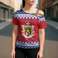 Liechtenstein Christmas Cross Shoulder Shirt Coat Of Arms Frohe Weihnachten - Wonder Print Shop