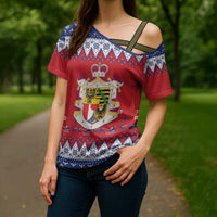 Liechtenstein Christmas Cross Shoulder Shirt Coat Of Arms Frohe Weihnachten - Wonder Print Shop