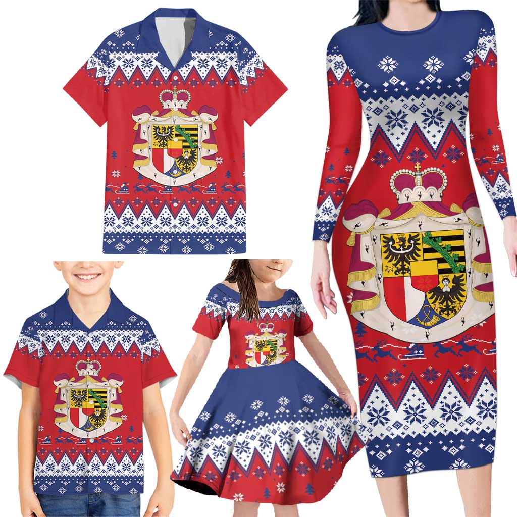 Liechtenstein Christmas Family Matching Long Sleeve Bodycon Dress and Hawaiian Shirt Coat Of Arms Frohe Weihnachten - Wonder Print Shop