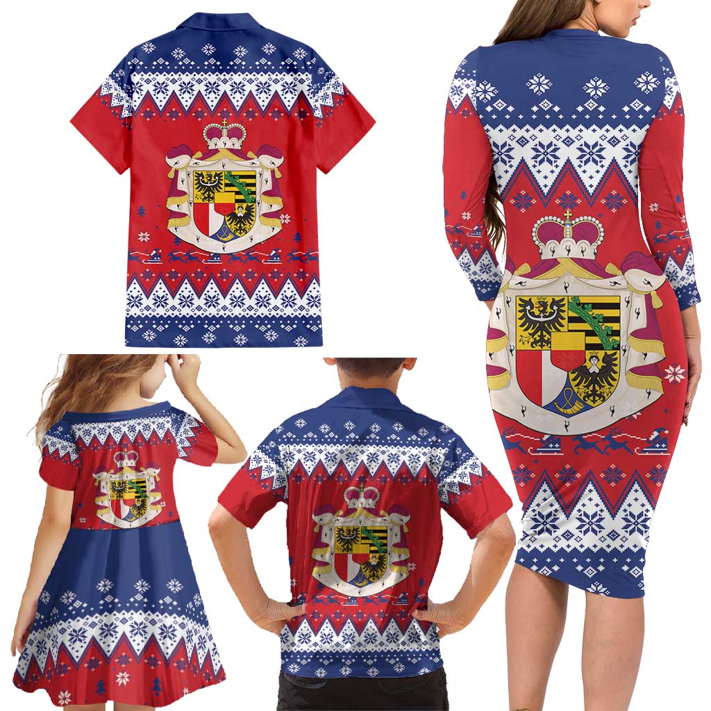 Liechtenstein Christmas Family Matching Long Sleeve Bodycon Dress and Hawaiian Shirt Coat Of Arms Frohe Weihnachten - Wonder Print Shop