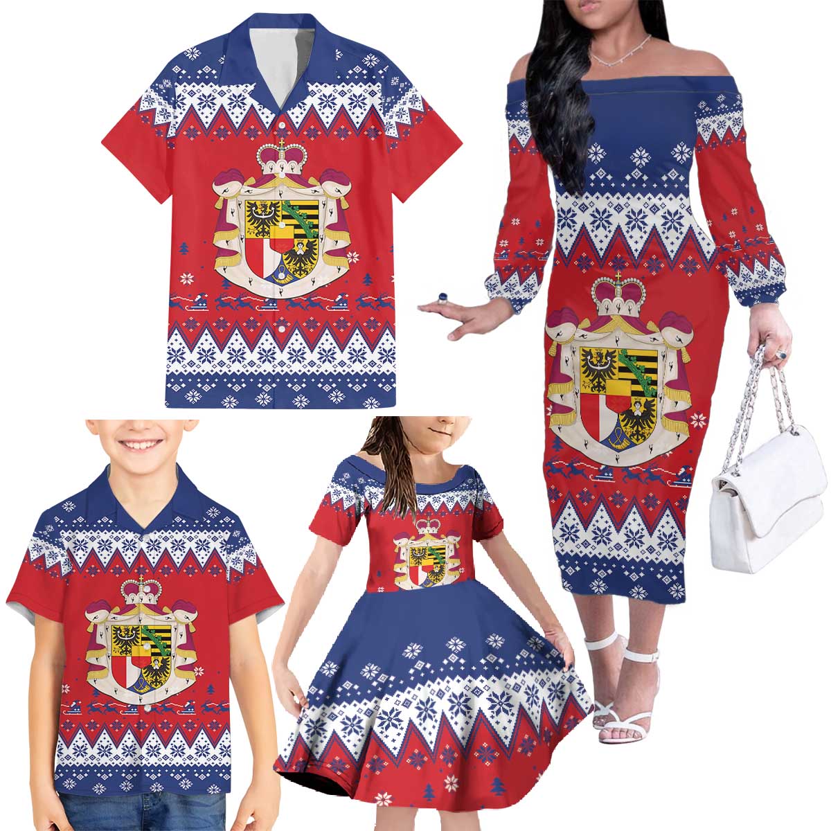 Liechtenstein Christmas Family Matching Off The Shoulder Long Sleeve Dress and Hawaiian Shirt Coat Of Arms Frohe Weihnachten - Wonder Print Shop