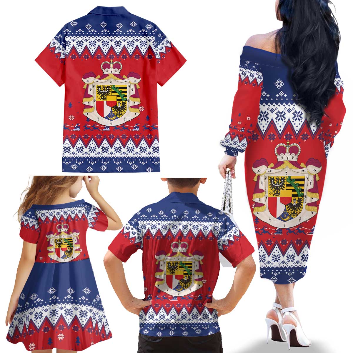 Liechtenstein Christmas Family Matching Off The Shoulder Long Sleeve Dress and Hawaiian Shirt Coat Of Arms Frohe Weihnachten - Wonder Print Shop