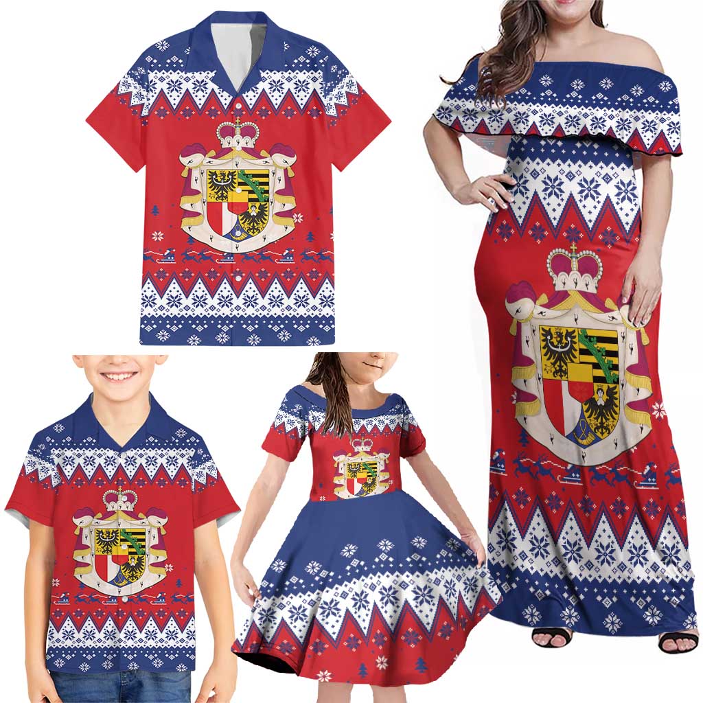 Liechtenstein Christmas Family Matching Off Shoulder Maxi Dress and Hawaiian Shirt Coat Of Arms Frohe Weihnachten - Wonder Print Shop