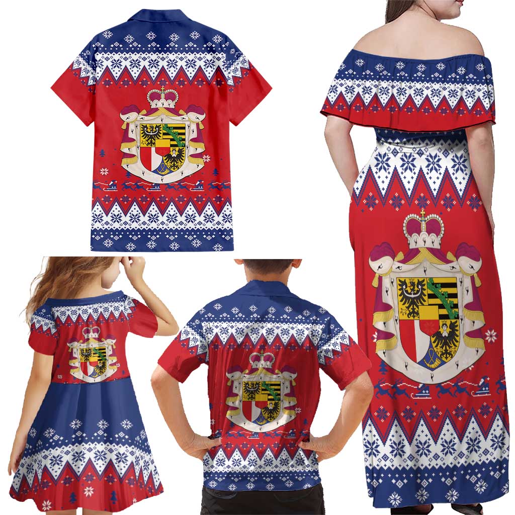 Liechtenstein Christmas Family Matching Off Shoulder Maxi Dress and Hawaiian Shirt Coat Of Arms Frohe Weihnachten - Wonder Print Shop