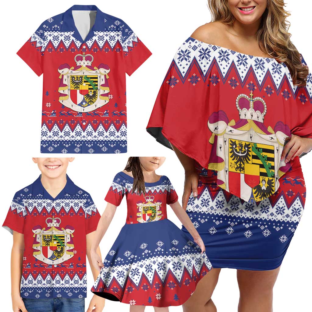 Liechtenstein Christmas Family Matching Off Shoulder Short Dress and Hawaiian Shirt Coat Of Arms Frohe Weihnachten - Wonder Print Shop