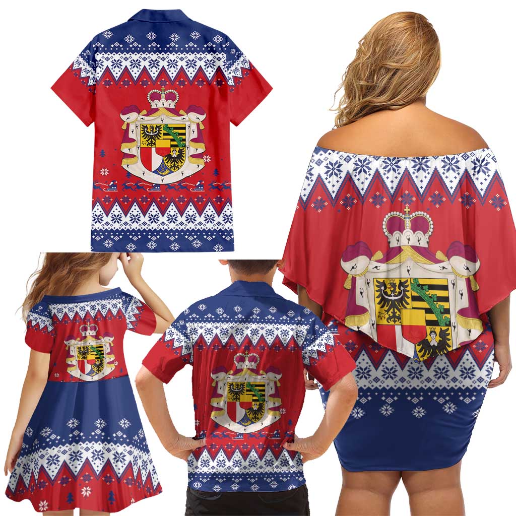 Liechtenstein Christmas Family Matching Off Shoulder Short Dress and Hawaiian Shirt Coat Of Arms Frohe Weihnachten - Wonder Print Shop