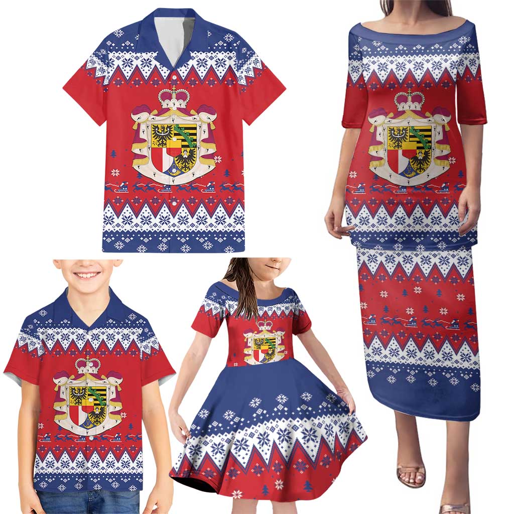 Liechtenstein Christmas Family Matching Puletasi and Hawaiian Shirt Coat Of Arms Frohe Weihnachten - Wonder Print Shop