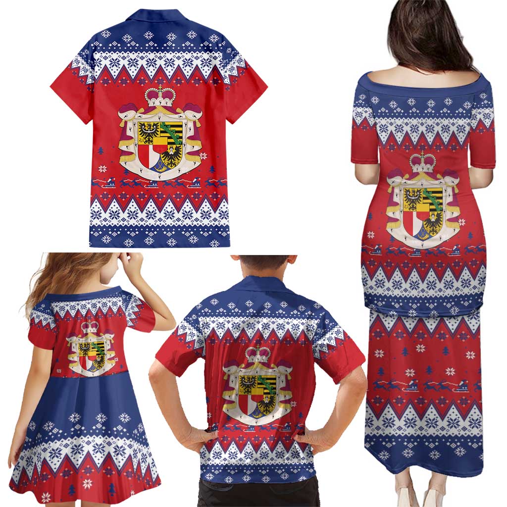 Liechtenstein Christmas Family Matching Puletasi and Hawaiian Shirt Coat Of Arms Frohe Weihnachten - Wonder Print Shop