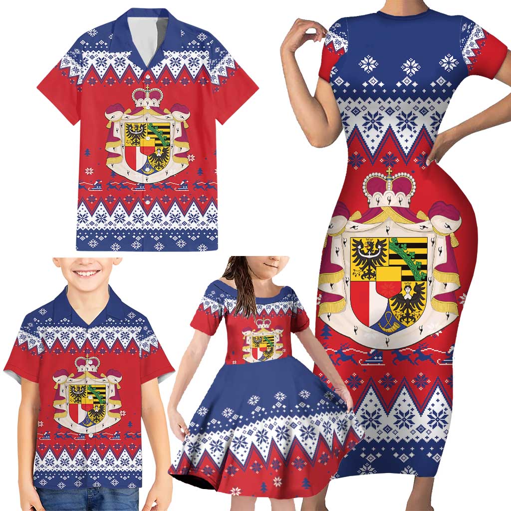 Liechtenstein Christmas Family Matching Short Sleeve Bodycon Dress and Hawaiian Shirt Coat Of Arms Frohe Weihnachten - Wonder Print Shop