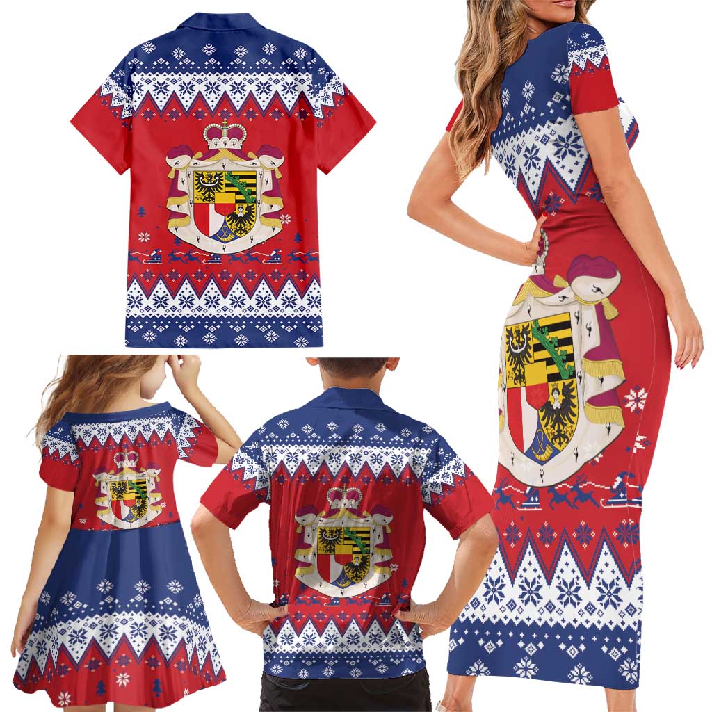 Liechtenstein Christmas Family Matching Short Sleeve Bodycon Dress and Hawaiian Shirt Coat Of Arms Frohe Weihnachten - Wonder Print Shop