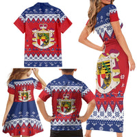 Liechtenstein Christmas Family Matching Short Sleeve Bodycon Dress and Hawaiian Shirt Coat Of Arms Frohe Weihnachten - Wonder Print Shop
