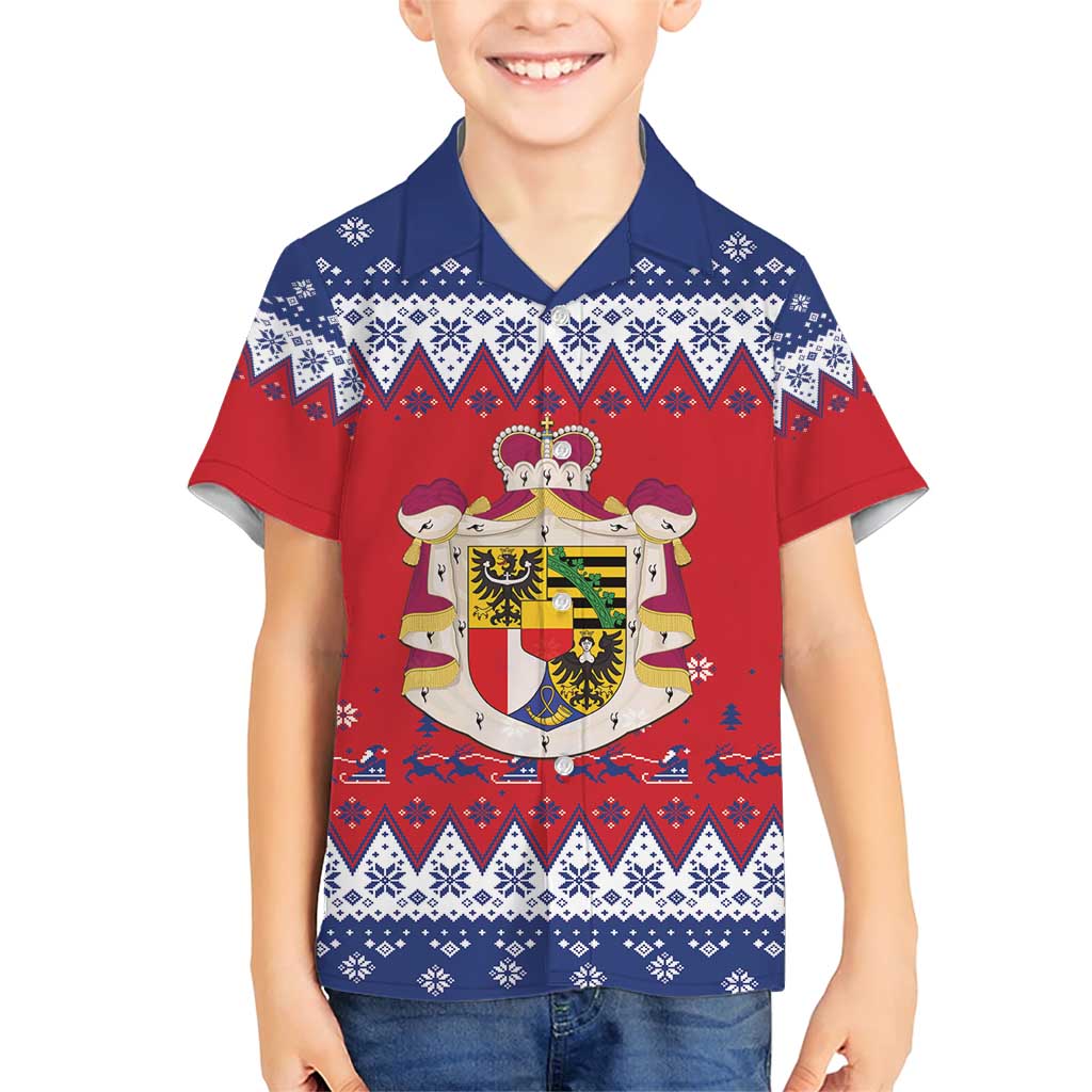 Liechtenstein Christmas Family Matching Short Sleeve Bodycon Dress and Hawaiian Shirt Coat Of Arms Frohe Weihnachten - Wonder Print Shop