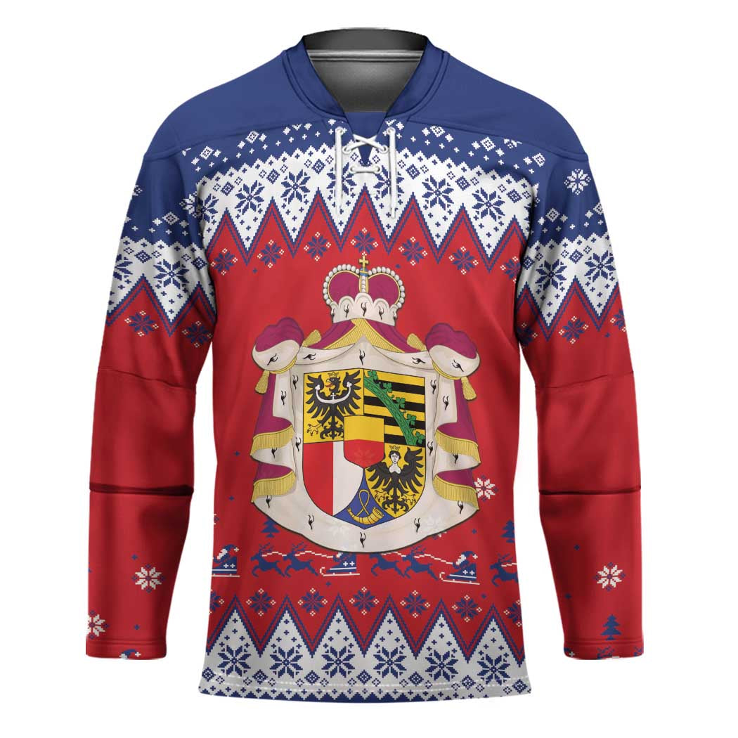 Liechtenstein Christmas Hockey Jersey Coat Of Arms Frohe Weihnachten - Wonder Print Shop