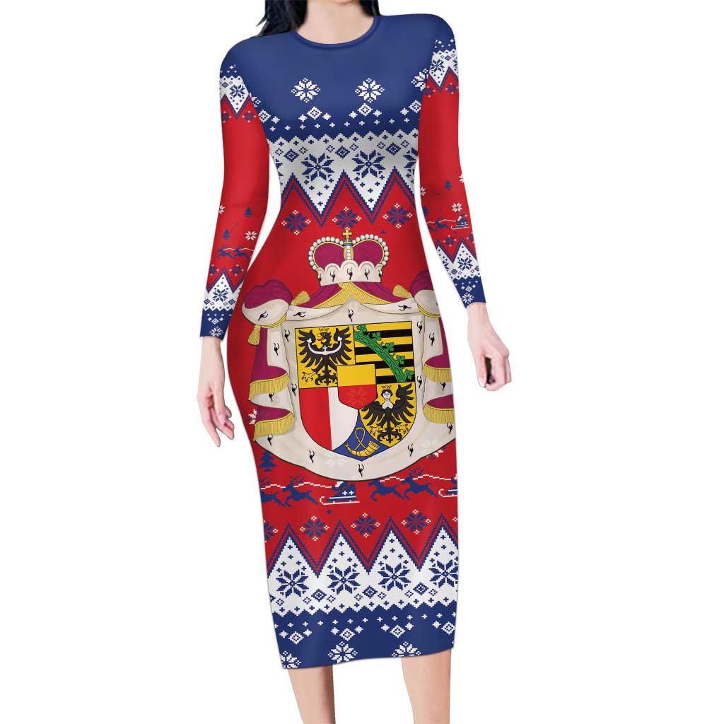 Liechtenstein Christmas Long Sleeve Bodycon Dress Coat Of Arms Frohe Weihnachten - Wonder Print Shop