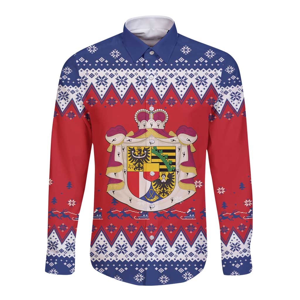 Liechtenstein Christmas Long Sleeve Button Shirt Coat Of Arms Frohe Weihnachten - Wonder Print Shop