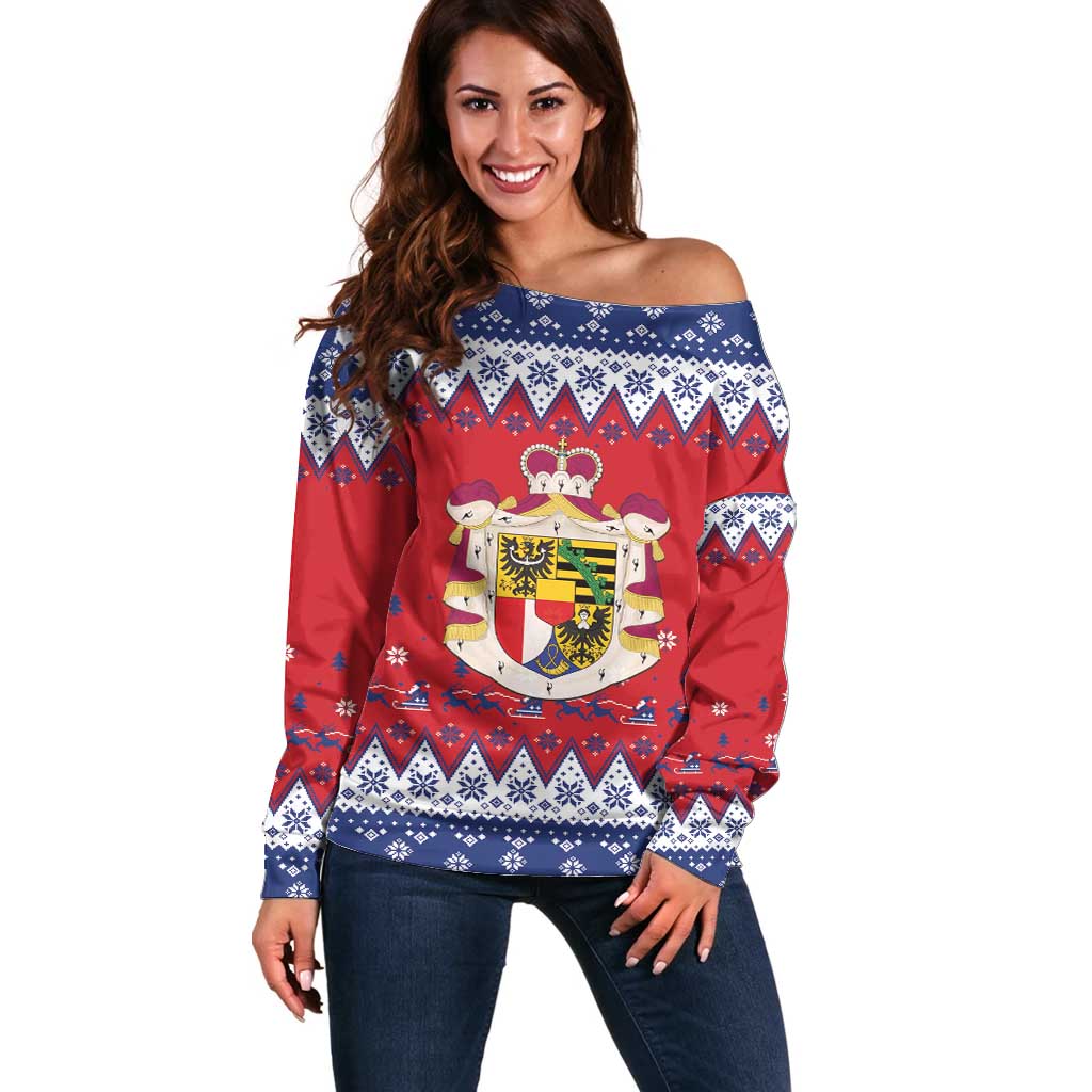 Liechtenstein Christmas Off Shoulder Sweater Coat Of Arms Frohe Weihnachten - Wonder Print Shop