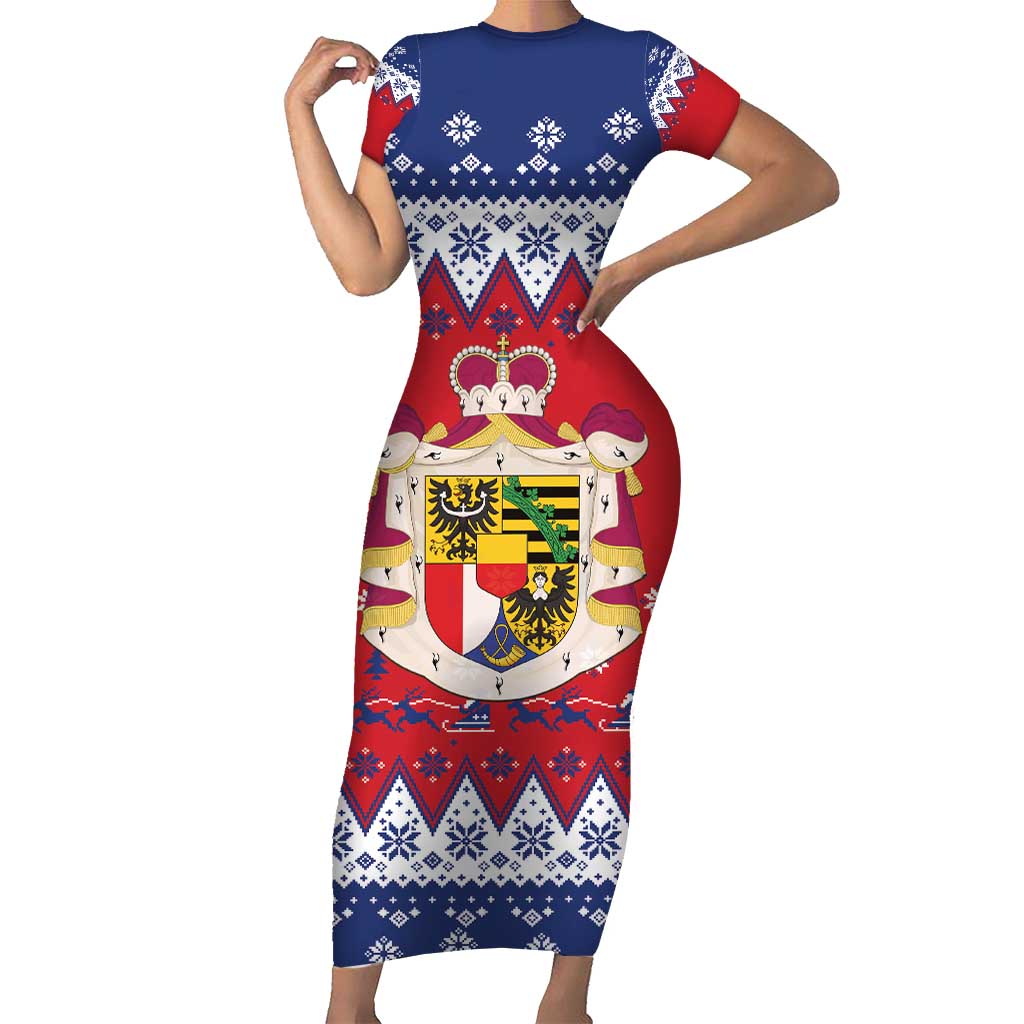 Liechtenstein Christmas Short Sleeve Bodycon Dress Coat Of Arms Frohe Weihnachten - Wonder Print Shop