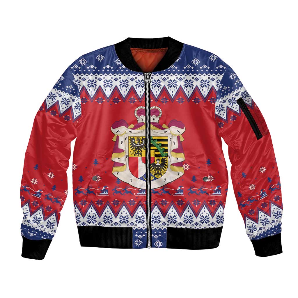 Liechtenstein Christmas Sleeve Zip Bomber Jacket Coat Of Arms Frohe Weihnachten - Wonder Print Shop