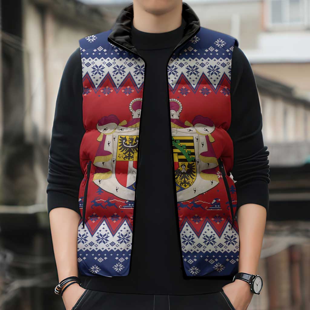 Liechtenstein Christmas Sleeveless Puffer Jacket Coat Of Arms Frohe Weihnachten - Wonder Print Shop