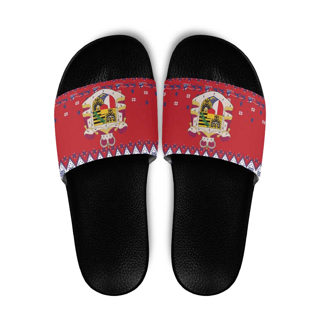 Liechtenstein Christmas Slide Sandals Coat Of Arms Frohe Weihnachten - Wonder Print Shop