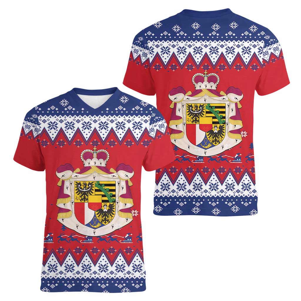 Liechtenstein Christmas Women V-Neck T-Shirt Coat Of Arms Frohe Weihnachten - Wonder Print Shop