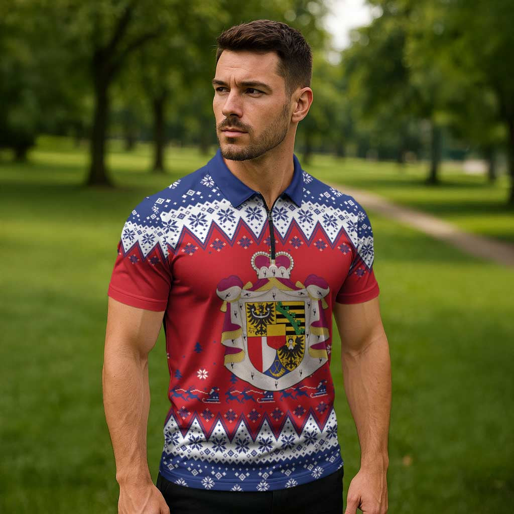Liechtenstein Christmas Zipper Polo Shirt Coat Of Arms Frohe Weihnachten - Wonder Print Shop