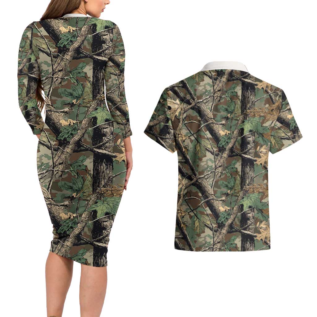 Santa Deer Hunting Christmas Couples Matching Long Sleeve Bodycon Dress and Hawaiian Shirt Hunting Camouflage Patterns - Wonder Print Shop
