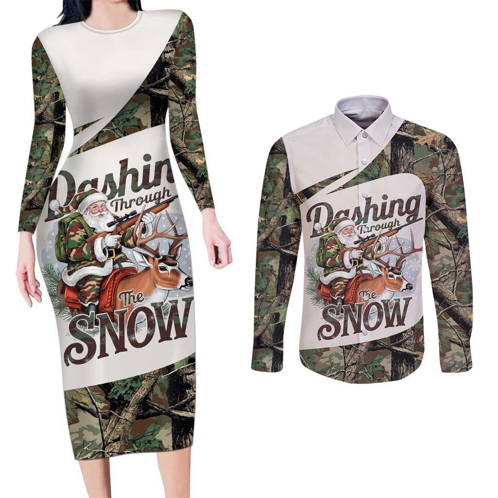 Santa Deer Hunting Christmas Couples Matching Long Sleeve Bodycon Dress and Long Sleeve Button Shirt Hunting Camouflage Patterns - Wonder Print Shop