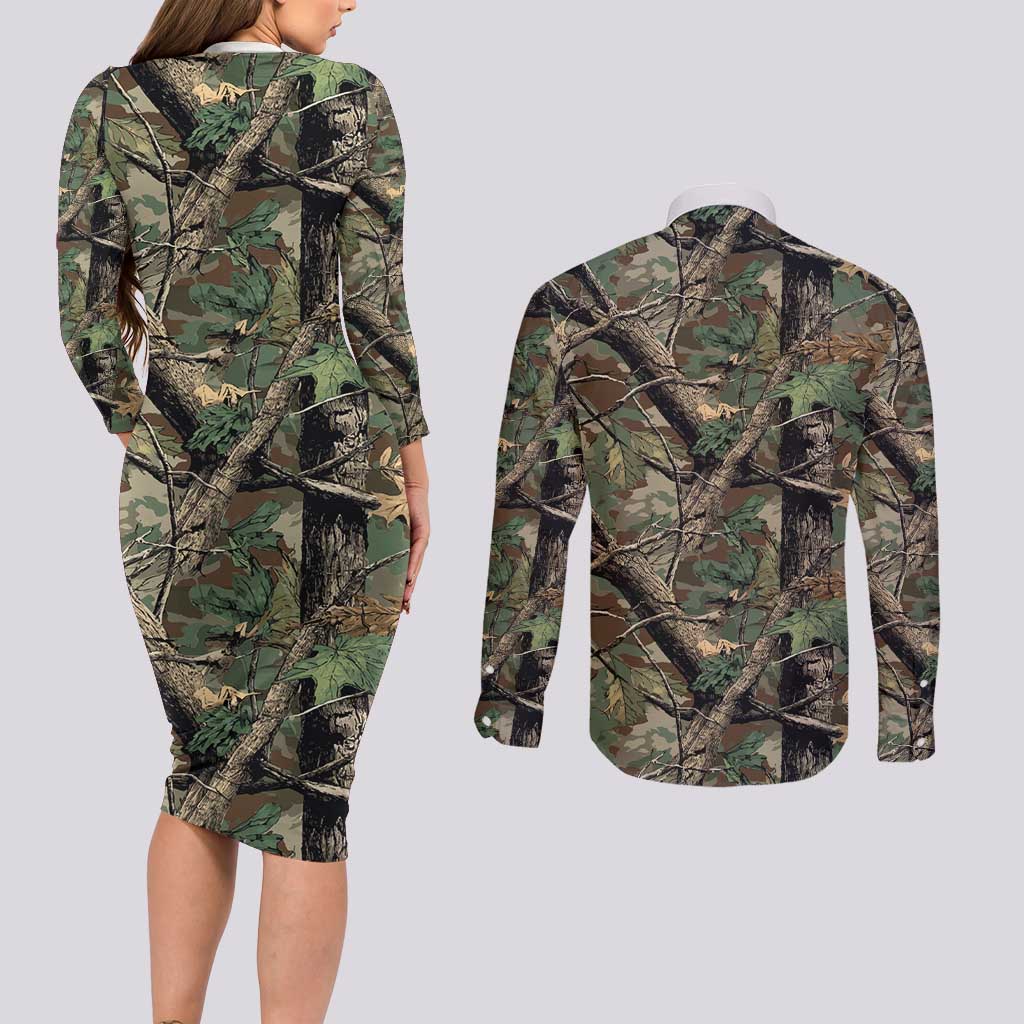 Santa Deer Hunting Christmas Couples Matching Long Sleeve Bodycon Dress and Long Sleeve Button Shirt Hunting Camouflage Patterns - Wonder Print Shop