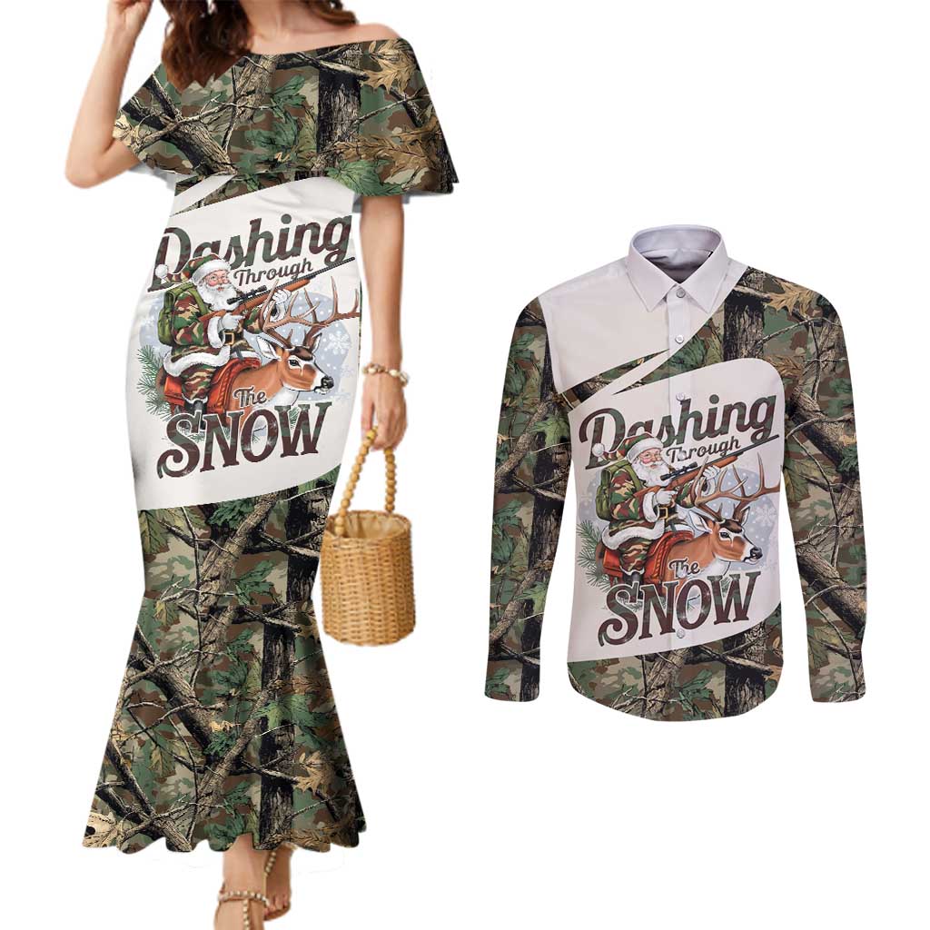 Santa Deer Hunting Christmas Couples Matching Mermaid Dress and Long Sleeve Button Shirt Hunting Camouflage Patterns - Wonder Print Shop
