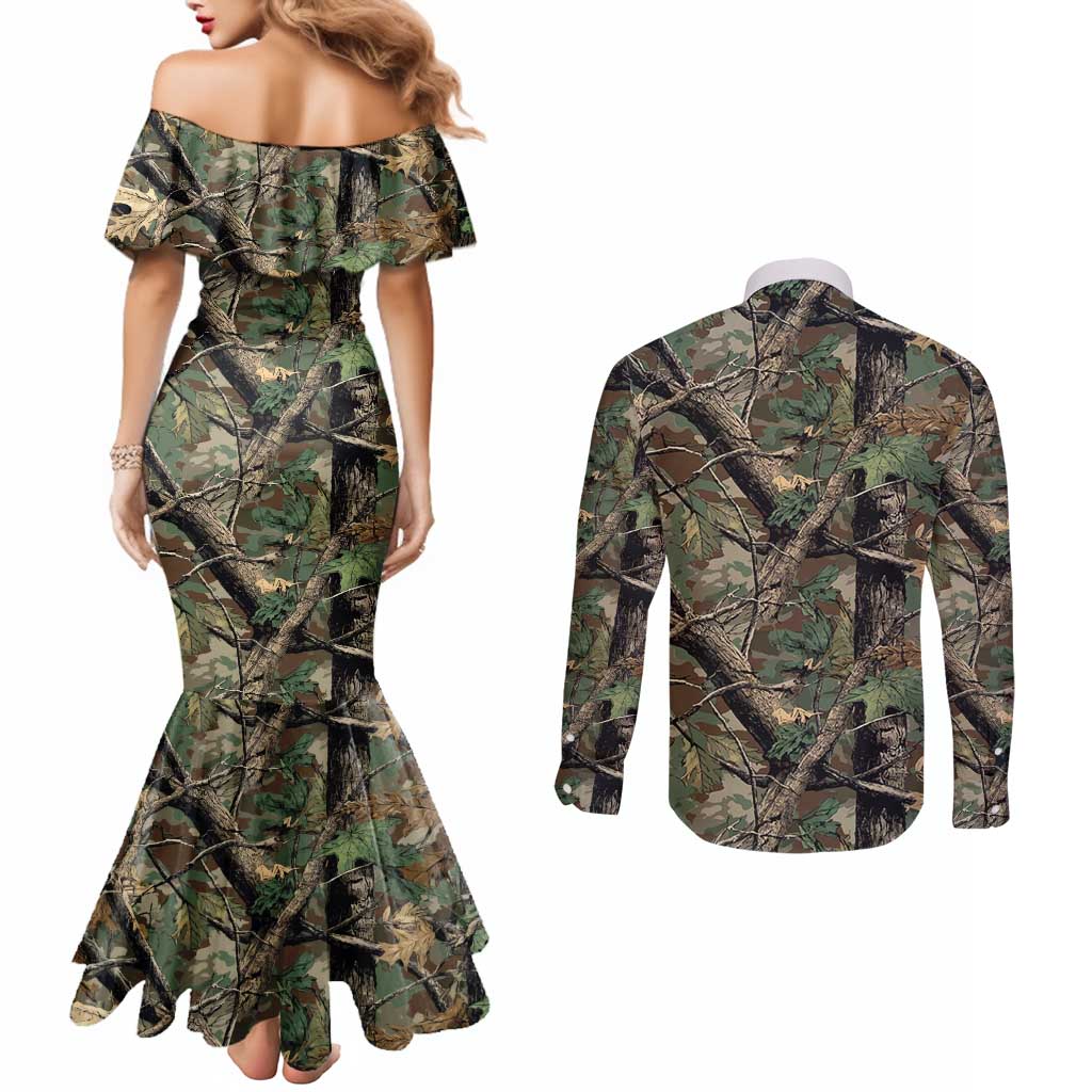 Santa Deer Hunting Christmas Couples Matching Mermaid Dress and Long Sleeve Button Shirt Hunting Camouflage Patterns - Wonder Print Shop