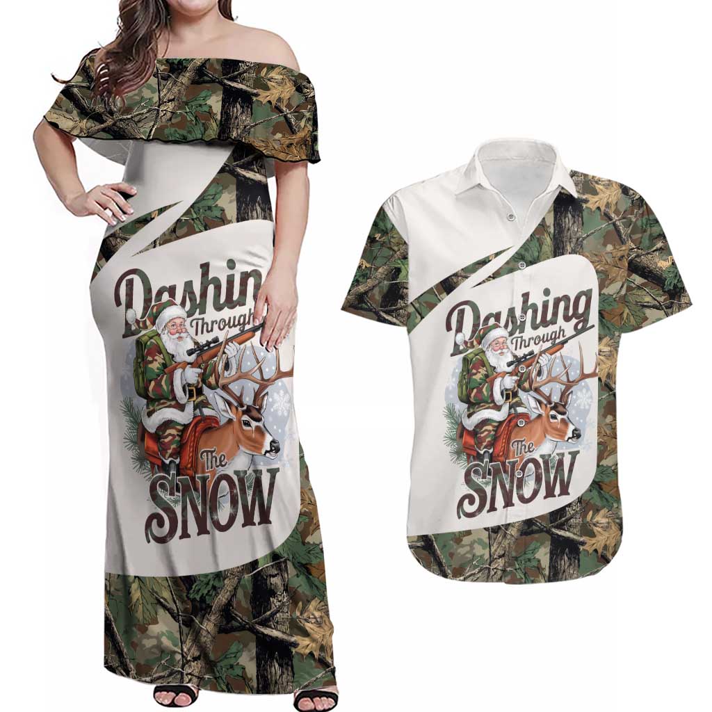 Santa Deer Hunting Christmas Couples Matching Off Shoulder Maxi Dress and Hawaiian Shirt Hunting Camouflage Patterns - Wonder Print Shop