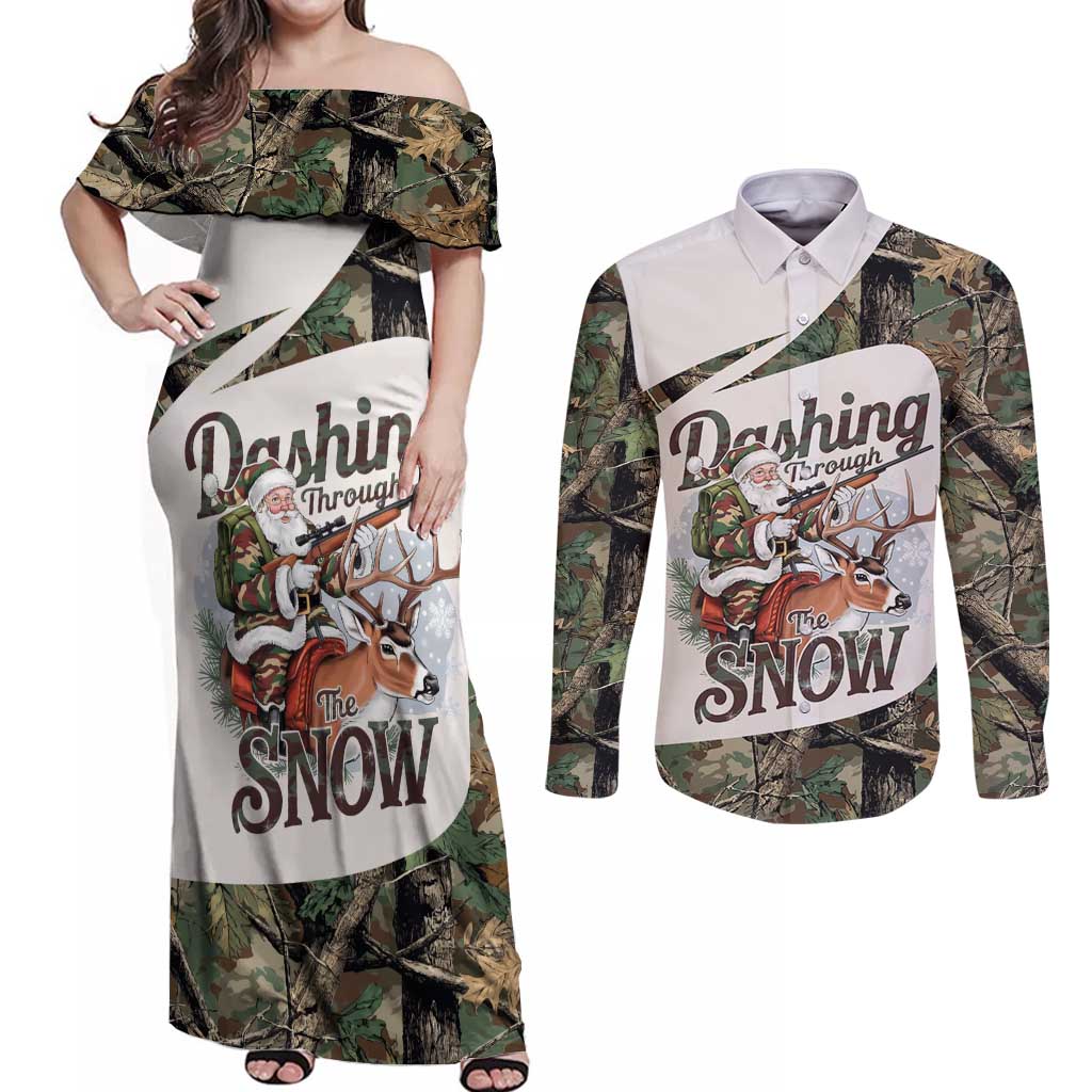 Santa Deer Hunting Christmas Couples Matching Off Shoulder Maxi Dress and Long Sleeve Button Shirt Hunting Camouflage Patterns - Wonder Print Shop