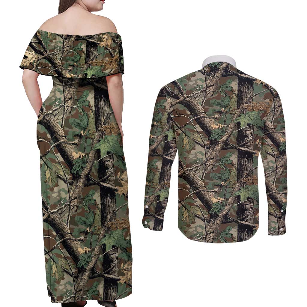 Santa Deer Hunting Christmas Couples Matching Off Shoulder Maxi Dress and Long Sleeve Button Shirt Hunting Camouflage Patterns - Wonder Print Shop