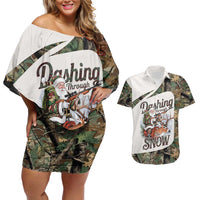 Santa Deer Hunting Christmas Couples Matching Off Shoulder Short Dress and Hawaiian Shirt Hunting Camouflage Patterns - Wonder Print Shop