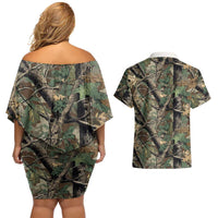 Santa Deer Hunting Christmas Couples Matching Off Shoulder Short Dress and Hawaiian Shirt Hunting Camouflage Patterns - Wonder Print Shop